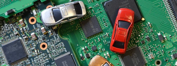 Toy Cars Electronic Board Microchip Conceptual Image Semiconductor Shortage Disrupting — Stock Photo, Image