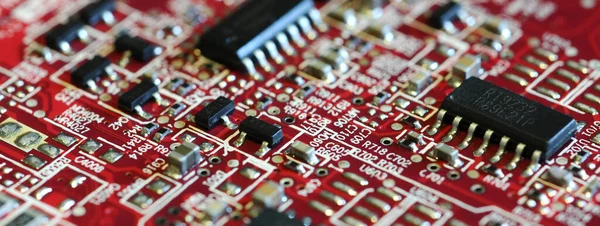 Closeup Electronic Circuit Board Components Semiconductors Long Banner Web Image — Stock fotografie