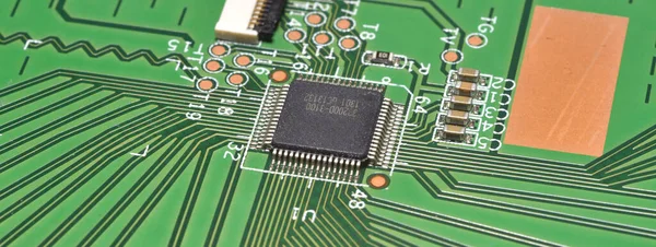 Closeup Electronic Circuit Board Components Semiconductors Long Banner Web Image — 图库照片