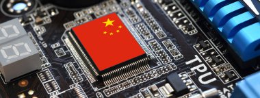 China flag on a processor, central processing unit CPU or microchip on a motherboard. Concept for the battle of global microchips production between China, Taiwan, Korea and USA.