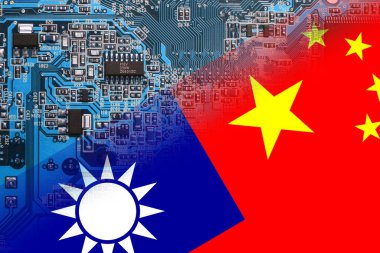 Flag of the Republic of China and Taiwan on microchips of a electronic printed board. Taiwan manufacturing chip industry emerges as battlefront in U.S. - China showdown.