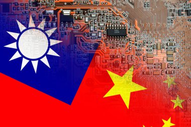 Flag of the Republic of China and Taiwan on microchips of a electronic printed board. Taiwan manufacturing chip industry emerges as battlefront in U.S. - China showdown.
