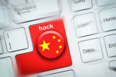 China hacking concept of a computer keyboard and a key painted with the flag of China and the text 