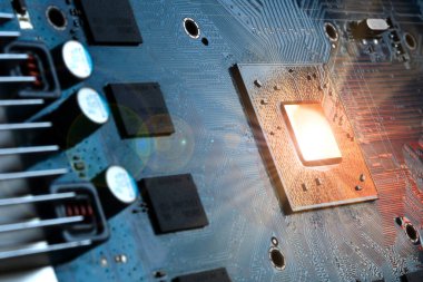Detail of the processor core of a video card with reflections. graphics processing unit on a latest generation Video Card.