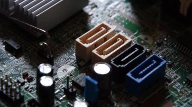 Sata ports on the motherboard, close up, selective focus.