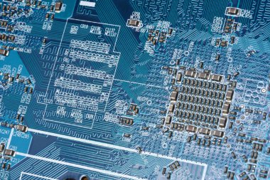 Detail of electronic components and microchips on a video card. Latest generation computer Video Card.