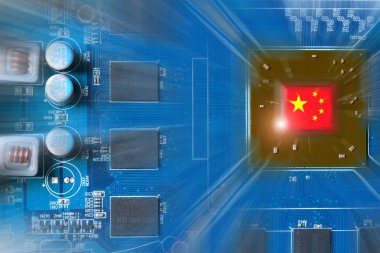 China flag on a processor, central processing unit CPU or GPU microchip on a motherboard or graphic card. Concept for the battle of global microchips production between China, Taiwan, Korea and USA.