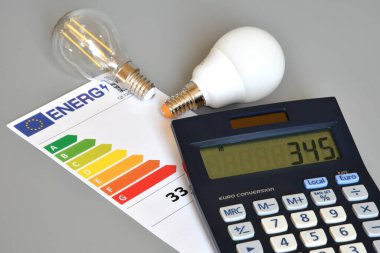 Enerji verimliliği derecelendirme tablosu. Gri arka planda ampuller ve hesap makinesi var. Yakın plan. Enerji fiyatlarına zam kavramı.