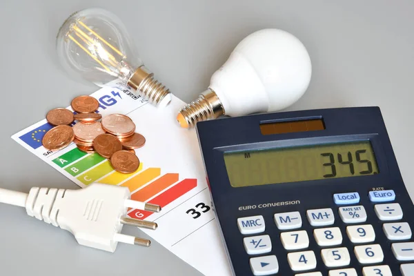 Energy efficiency rating table with light bulbs, calculator and powercord on grey background, close-up. Concept for Energy price increase.