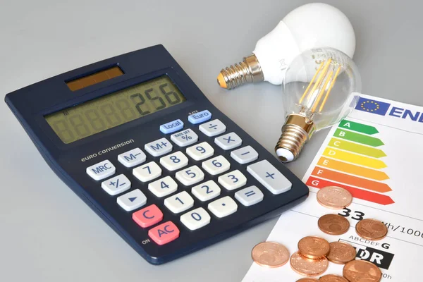Energy efficiency rating table with light bulbs, calculator and coins on grey background, close-up. Concept for increasing the price of energy.
