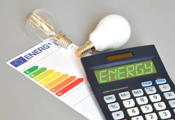 Energy efficiency rating table with light bulbs and calculator with text 