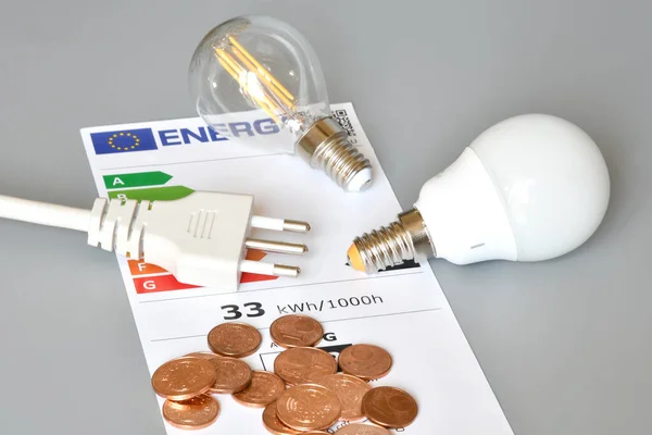 Energy efficiency rating table with light bulbs, powercord and euro cents on grey background, close-up. Concept for Energy price increase.