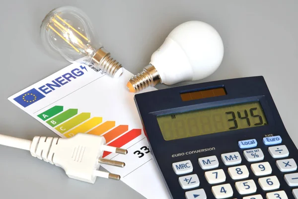 nergy efficiency rating table with light bulbs, calculator and powercord on grey background, close-up. Concept for Energy price increase.
