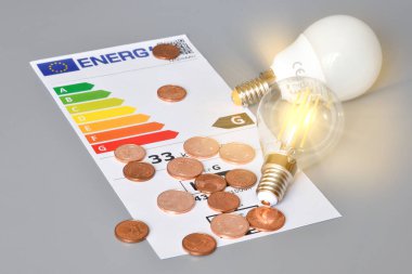 Enerji verimliliği derecelendirme tablosu. Işıklı ampuller ve gri arka planda avro sentleri var. Yakın plan. Enerji fiyatını artırma kavramı.