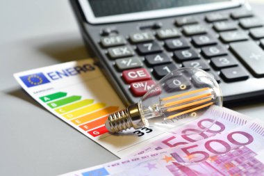Enerji tasarrufu ampulleri, hesap makinesi ve enerji verimliliği derecelendirme tablosunu 500 avroluk banknotlarla kapatın. Artan elektrik maliyeti kavramı. Pahalı enerji faturası ve artan elektrik fiyatları. Seçici odak