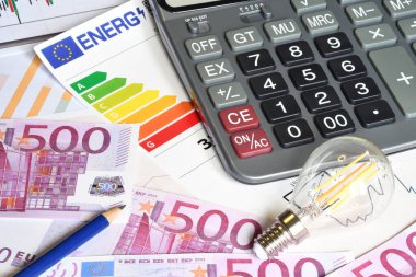 Ampul, hesap makinesi, enerji verimliliği derecelendirme tablosu ve 500 avronun üzerindeki banknotları kapatın. Artan elektrik maliyeti kavramı. Pahalı enerji faturası ve artan elektrik fiyatları.