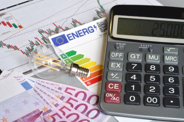 Ampul, hesap makinesi ve enerji verimliliği derecelendirme tablosunu 500 avronun üzerinde kapatın. Artan elektrik maliyeti kavramı. Pahalı enerji faturası ve artan elektrik fiyatları.