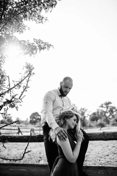 Casal Num Encontro Vestido Roxo Noiva Noivo Caminhe Campo História — Fotografia de Stock