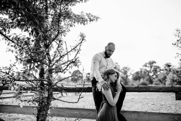 Casal Num Encontro Vestido Roxo Noiva Noivo Caminhe Campo História — Fotografia de Stock