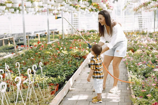 Мама допомагає своєму синові поливати квіти з водяним розпилювачем у — стокове фото