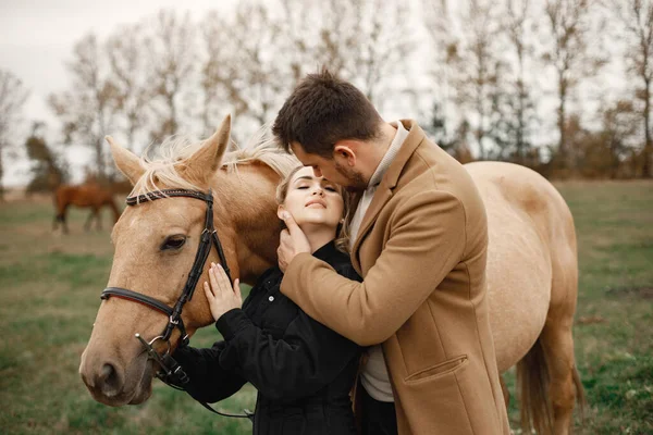 Pareja romántica con un caballo marrón en el campo — Foto de Stock