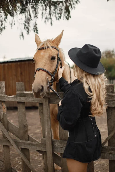 Donna che tocca un cavallo bruno dietro la recinzione in una fattoria — Foto Stock