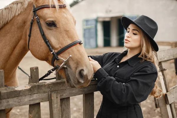 Vrouw die een bruin paard aanraakt achter het hek op een boerderij — Stockfoto