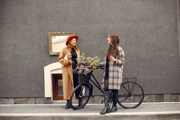Дві молоді дівчата стоять біля велосипеда з квітами і розмовляють — стокове фото