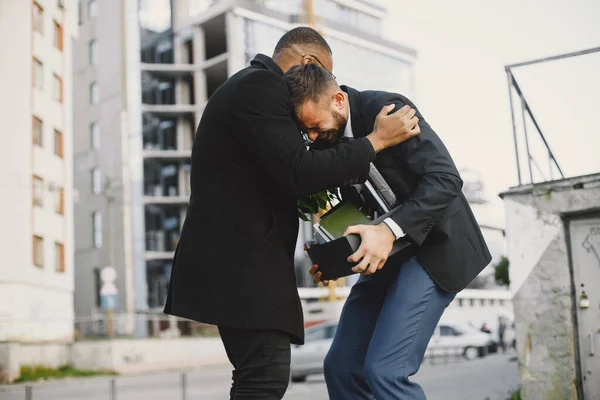 Two Friends Talking Black Man Cheering His Fred Coworker European — Fotografia de Stock