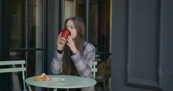 Elegáns Lány Egy Kávézóban Kávét Iszik Vagy Teát — Stock videók