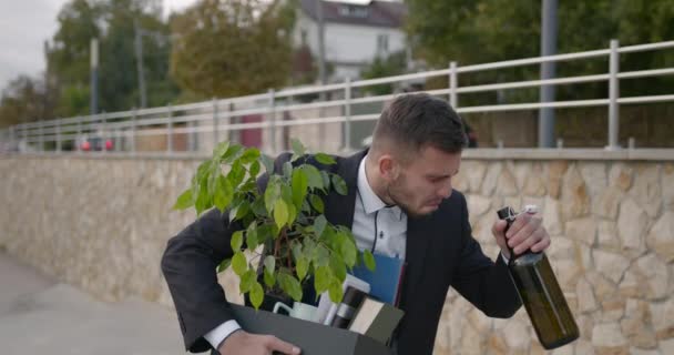 City Setting Young Desperate Man Lost His Job Drinking Alcohol — Stock Video