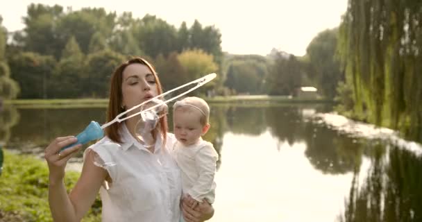 母は公園で泡を吹いて娘を保持する 晴れた日 夢のような柔らかい親密な瞬間間にA母と彼女の赤ちゃん女の子 — ストック動画