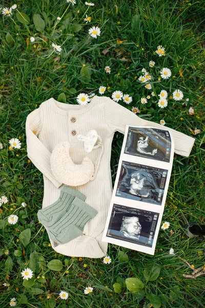 Ultrasound Images Clothes Little Blue Socks Lay Grass Park Gender — Stockfoto