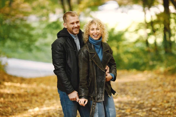 Blonde Curly Woman Man Standing Autumn Forest Hugging Couple Wearing —  Fotos de Stock