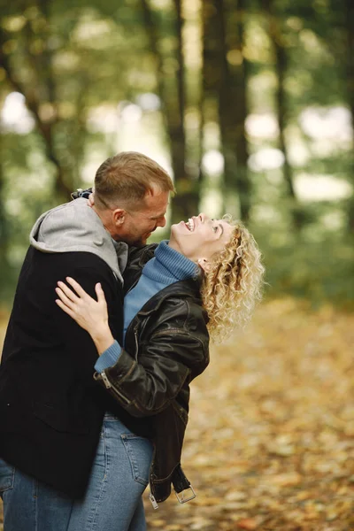 Blonde Curly Woman Man Standing Autumn Forest Hugging Couple Wearing —  Fotos de Stock