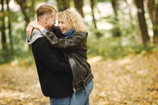 Blonde Curly Woman Man Standing Autumn Forest Hugging Couple Wearing —  Fotos de Stock