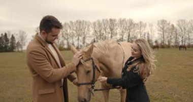 Man and a woman walking with a horse. Pasture setting.
