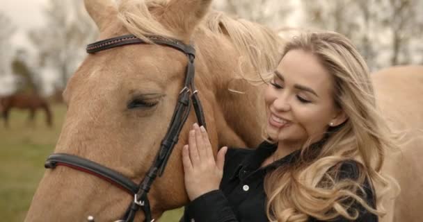 Młoda Piękna Dziewczyna Przytulająca Konia Natury Kochanek Konia — Wideo stockowe