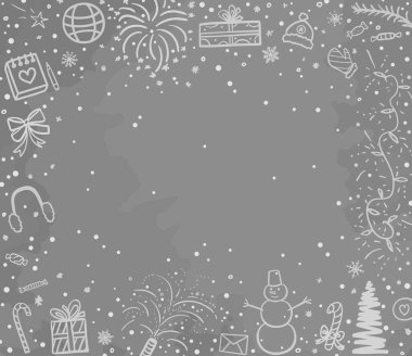 Noel arkaplanı. Elle çizilmiş xmas elementleri. Soyut tatil el yazması çizimleri. Okul kış tatili. Yeni yıl afişi. Çocuk çizimleri. Siyah beyaz illüstrasyon