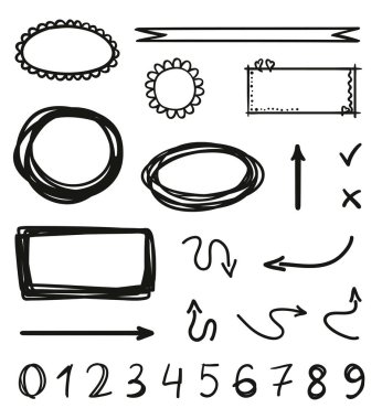 El çizimleri. İzole edilmiş arka planda basit ana hatlar. Elementler doğrusal olarak çizilir. Siyah beyaz illüstrasyon