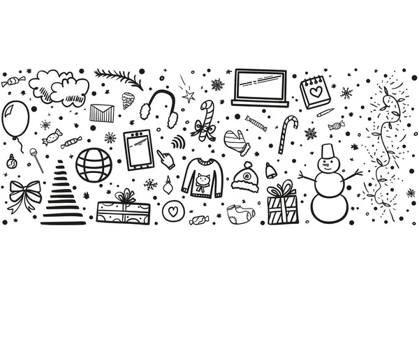 クリスマスの背景 手描きのクリスマス要素 抽象的な休日の標識やオブジェクト フリーハンドのドローイング 白黒のイラスト — ストックベクタ