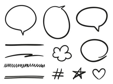 Hand drawn black doodles on white. Abstract frames. Set of different signs and underlines. Elements are drawn in a linear style. Black and white illustration
