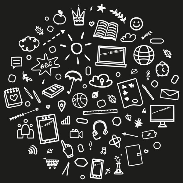 Школьное образование. Абстрактная доска со школьными принадлежностями. Концепция образования. Черно-белая иллюстрация