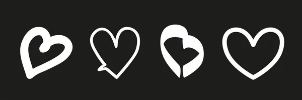 Corazón Blanco Sobre Fondo Negro Aislado Objetos Perfilados Corazones Dibujados — Archivo Imágenes Vectoriales