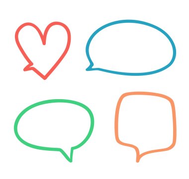 El yapımı düşünme ve konuşma baloncukları. Beyaz üzerine soyut şekiller. Serbest çalışma sanatı. Renkli resimleme