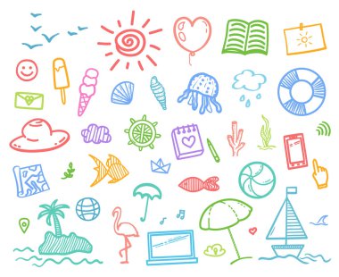 El çizimi renkli tatil unsurları. Renkli kabataslak karalamalar. Yaz tatili. İşaretler ve semboller. Tatil gezisi