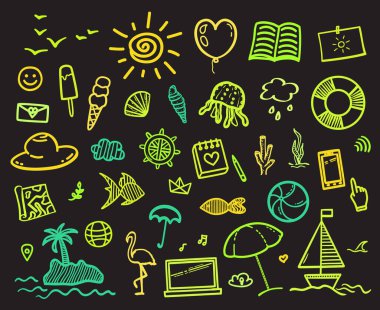 Elle çizilmiş neon elementler izole edilmiş siyah arkaplanda. Sketchy karalamalar. Yaz gevşemesi