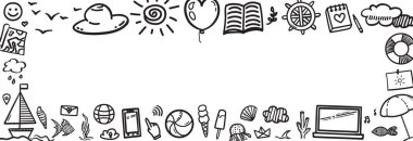 Beyaza el çizimi siyah bayram unsurları. Yaz tatili. Serbest yazım nesneleri. Bayrak tasarımı. Siyah beyaz illüstrasyon