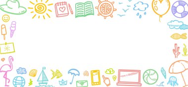 El çizimi renkli tatil unsurları. Renkli kabataslak karalamalar. Yaz tatili. Tatil gezisi