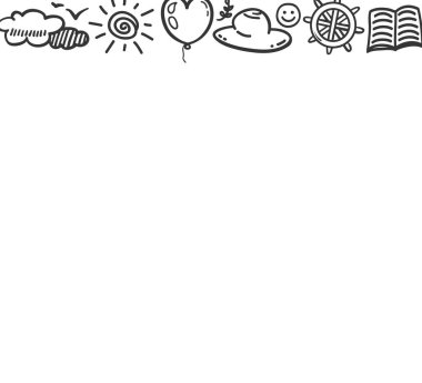 Beyaza el çizimi siyah bayram unsurları. Yaz tatili. İşaretler ve semboller. Siyah beyaz illüstrasyon